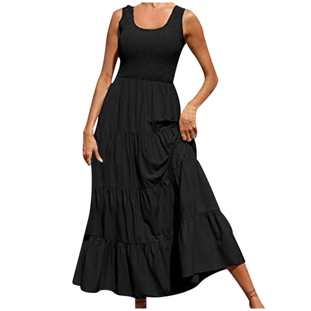 Penkiiy Robe Maxi d'Été Décontractée pour Femme, Fluide, à Volants, Bohème, Longue, TG, Noire