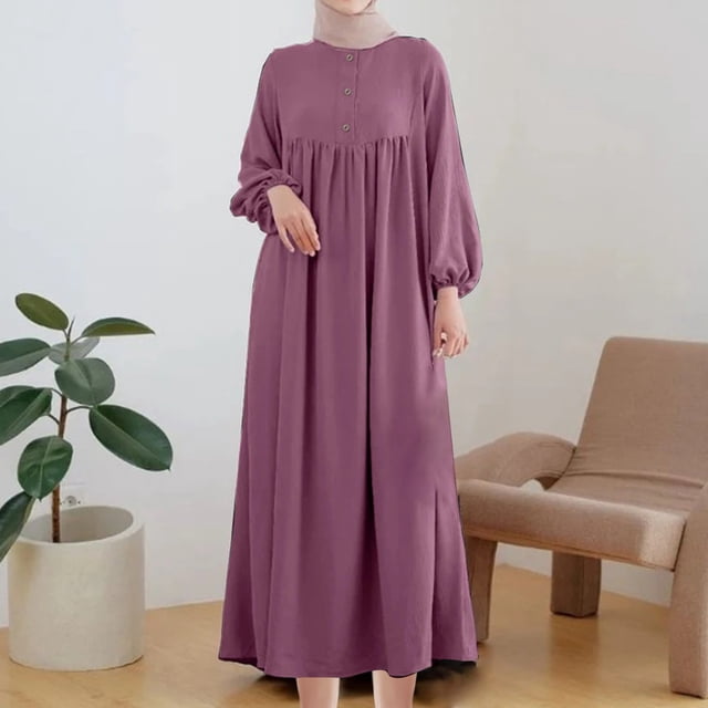 Vente de Liquidation! Robes d'Automne pour Femmes 2024, Mode Féminine Été Ample Manches Longues Col Rond Couleur Unie Robe Longueur Cheville Violette 3TG