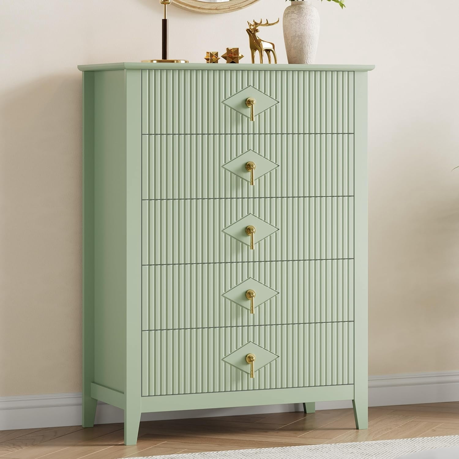 Fluted Dresser for Bedroom, 42.9" Tall 5-Drawer Wood Dresser, Modern Chest of Drawers, Storage Organizer Cabinet for Living Room, Hallway, Entryway, Green