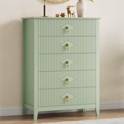 Fluted Dresser for Bedroom, 42.9" Tall 5-Drawer Wood Dresser, Modern Chest of Drawers, Storage Organizer Cabinet for Living Room, Hallway, Entryway, Green