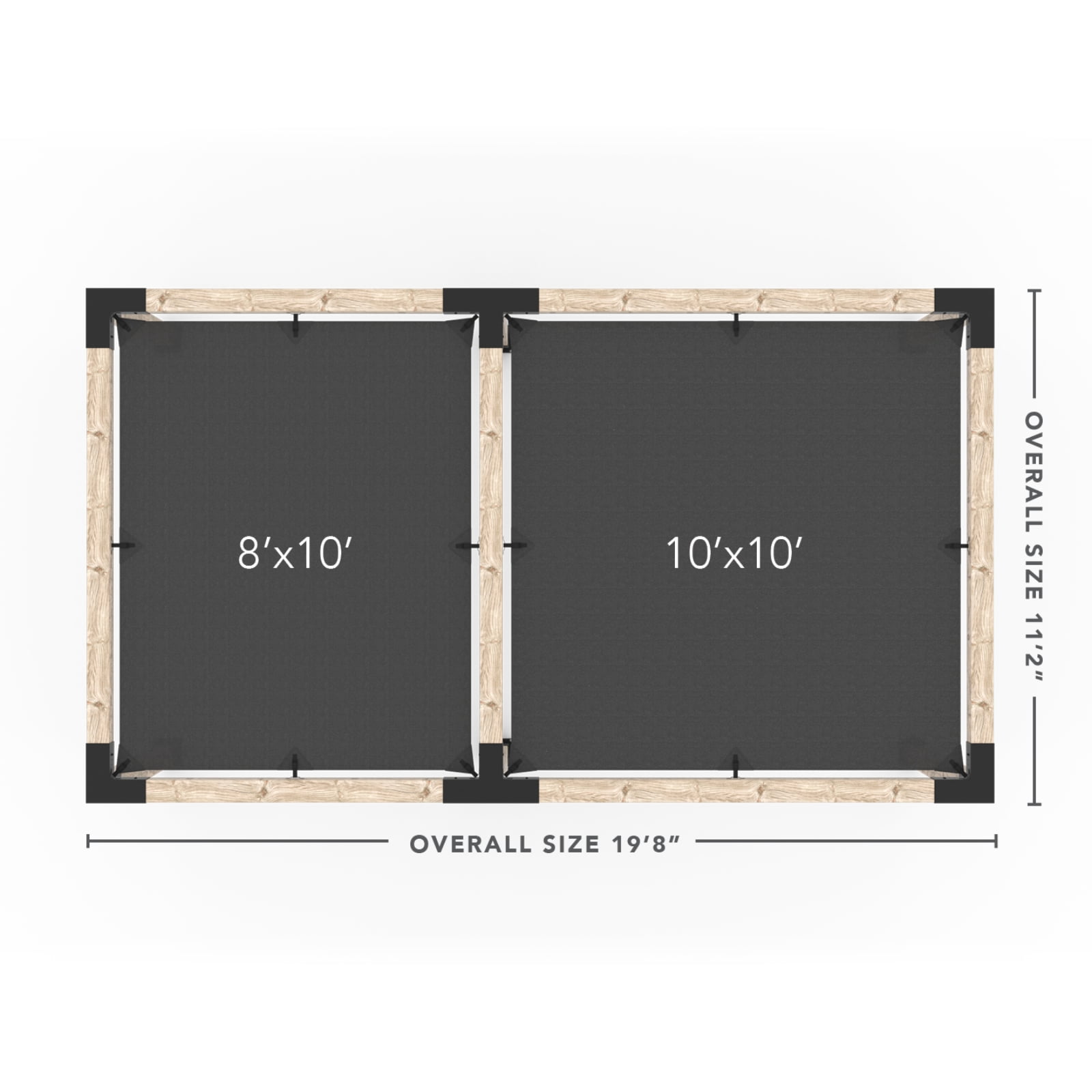 Kit Toja 12' x 22' Double Pergola avec 2 voiles d’ombre pour poteaux en bois 6x6