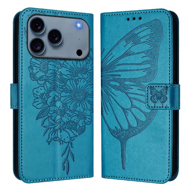 Butterfly Wallet Case for iPhone 17 Pro with Card Slots & Stand - Shockproof Blue