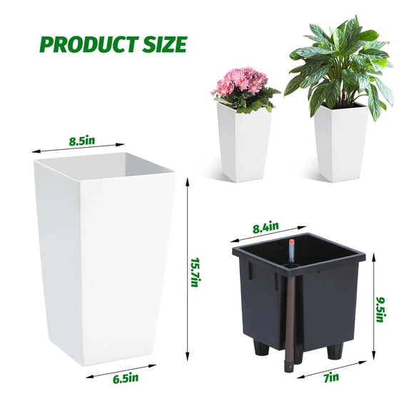 AKDSteel Large Tapered Square Planters For Outdoor & Indoor Plants, Front Porch Flower Tree Pots With Drainage Holes, Water Level Monitor, And Inner Bucket