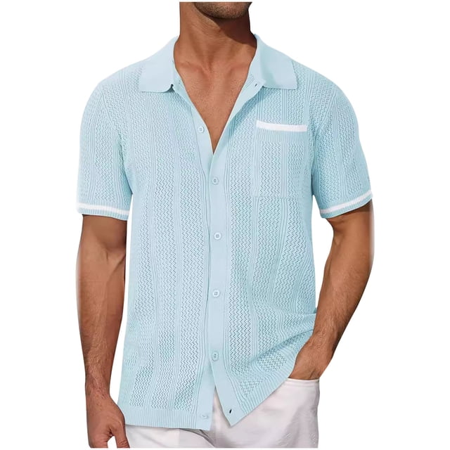 QIPOPIQ Mens Knit Button Down Shirt Short Sleeve Button Up Shirt Summer Casual Beach Tops Clearance