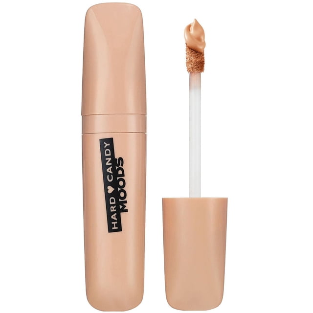Hard Candy Moods Shadow Paint cream eye shadow and shadow primer in nude beige with a matte finish, displayed in a beige tube with black branding and a built-in applicator wand showing creamy product on the tip, providing blendable, smudge-proof eye color ideal for priming or lining the eyes.