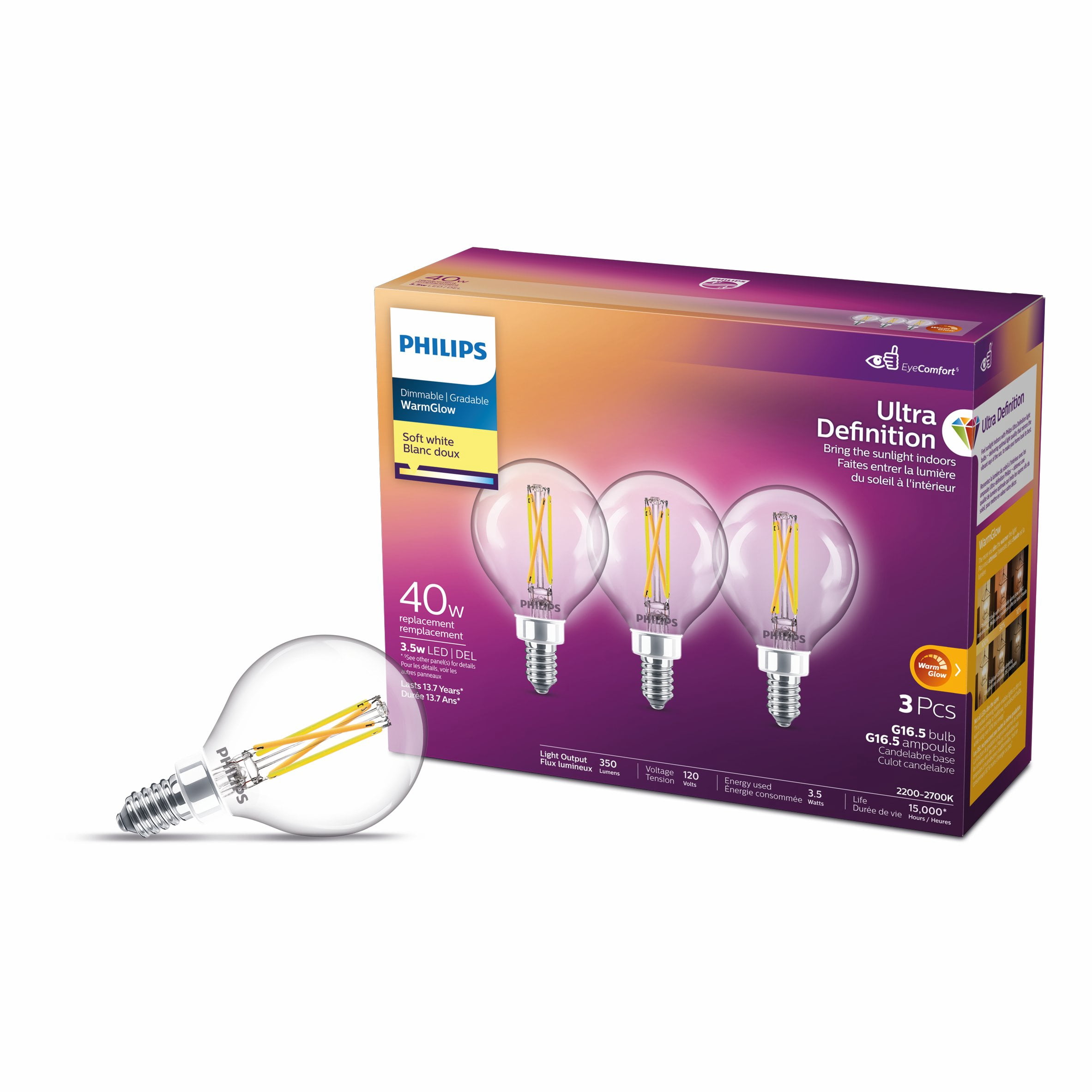 Philips Ultra Definition G16.5 40W Soft White WarmGlow (2200-2700K) LED Bulb 3-Pack