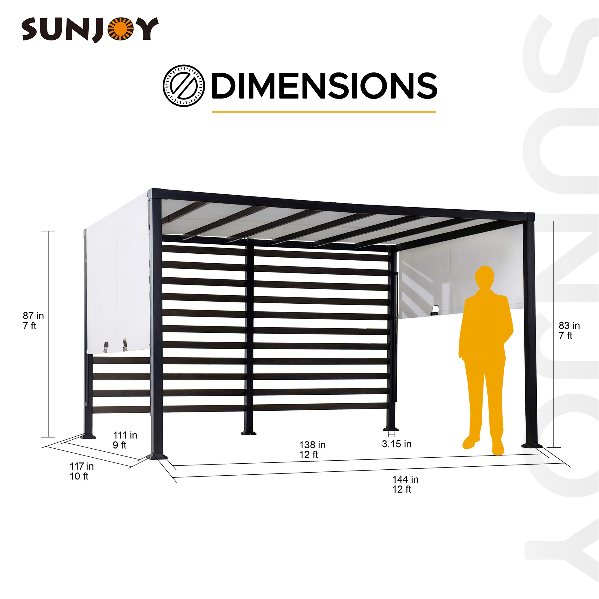 Sunjoy Pergola de jardin métallique moderne 10 x 12 pi avec toit réglable blanc et mur de confidentialité.