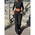 thumbnail image 3 of Honganda Women Spring Outfits Solid Color Long Sleeves Crop Tops Bootcut Pants  2 Pcs Set Streetwear Aesthetic Clothes, 3 of 6