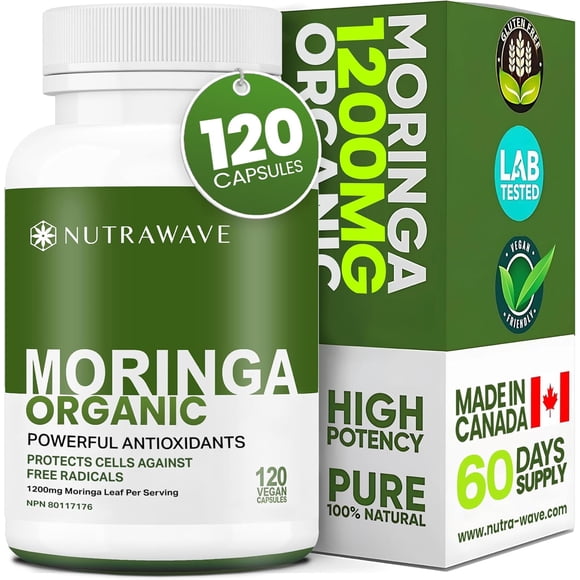 Nutrawave Moringa Biologique 1200 mg – Antioxydant et Soutien Quotidien du Bien-être, Superaliment d'Origine Végétale, 120 Capsules Véganes, non-OGM, Sans Gluten, Fabriqué au Canada