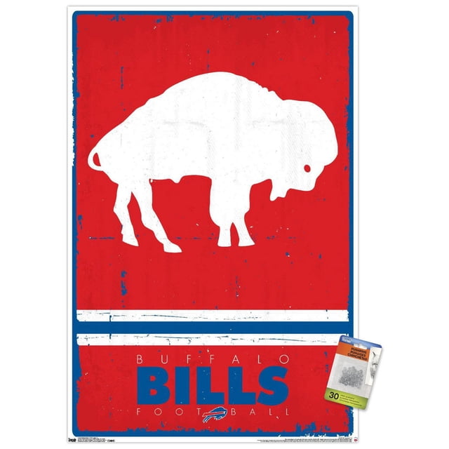 NFL Buffalo Bills - Affiche Murale Rétro Logo 15, 22,375 Pouces x 34 Pouces Mettant en Vedette une silhouette de Buffle Blanc sur un Fond Rouge Vieilli avec Bordure Bleue et Deux Rayures Horizontales Blanches en Dessous. le Texte « Buffalo Bills FOOTBALL » Est en Lettres Bleues Audacieuses avec un Petit Logo de Buffle en Dessous, Imprimé sur du Papier d'Affiche Lustré Idéal pour la Déco de la Maison et les Chambres de Fans.