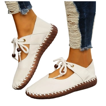 Womens Mary Jane Flats Retro Leather Lace up Ballet Dress Shoes with Rubber Soles Non Slip Fall Casual Loafer