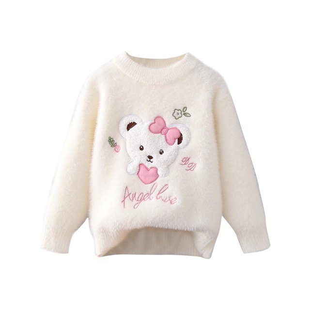 Chandail pour Bébé Fille Col Rond Manches Longues Imprimé Cœur Tricot Automne Hiver Chandail en Molleton Beige