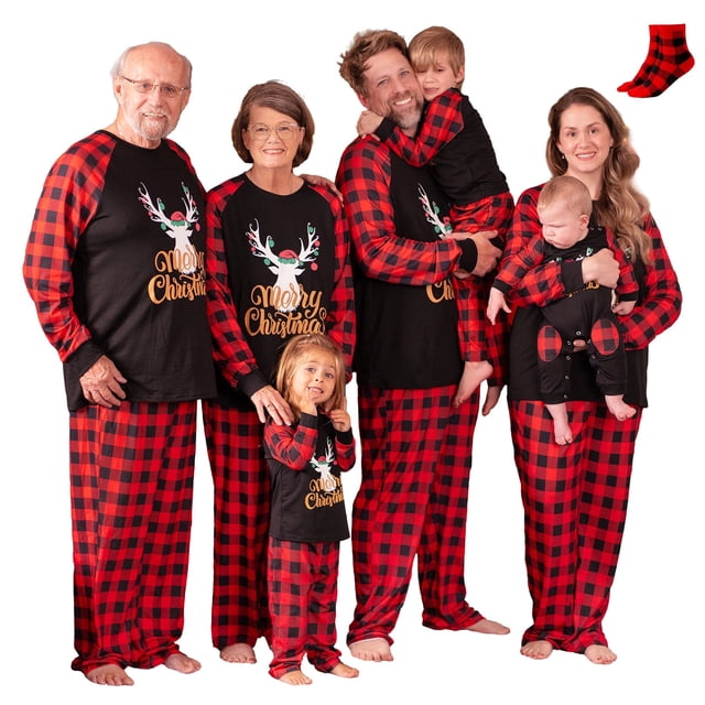 PatPat Pyjamas de Noël Assortis pour Toute la Famille, Ensemble 2 Pcs à Carreaux Élan, Manches Longues, pour Enfants (Filles et Garçons), avec Chaussettes, à Carreaux Rouges, 2 Ans