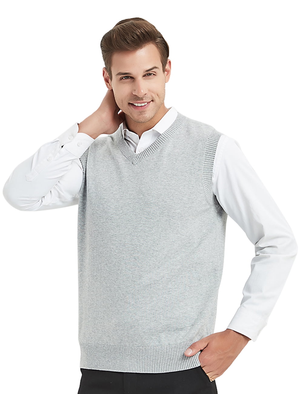 TOPTIE Chandail Sans Manches Uni pour Homme, Coupe en Coton Décontractée - Gris - TTG
