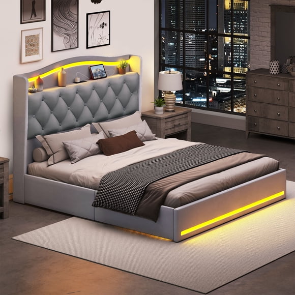 Dextrus Cadre de Lit Rembourré en Velours Format Grand avec 4 Tiroirs de Rangement et Lumières DEL, Tête de Lit de 57 Pouces de Hauteur avec Station de Recharge, Lit Plateforme Sans Sommier Requis, Sans Bruit, Assemblage Facile, Gris