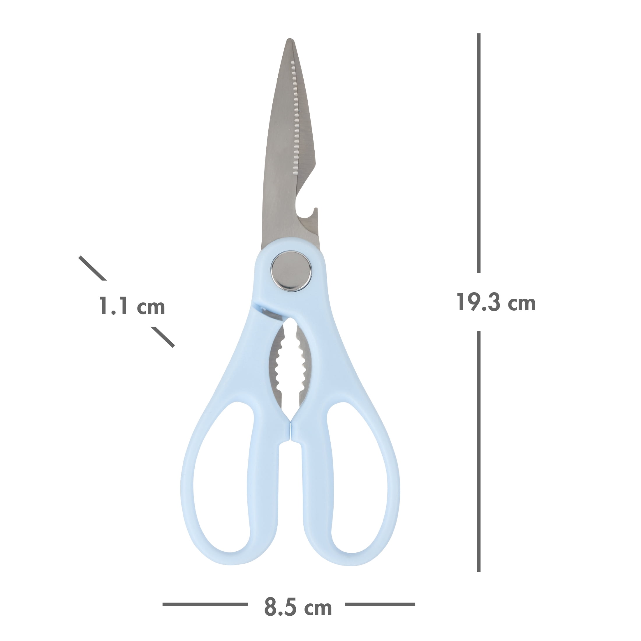 Ciseaux de cuisine Mainstays avec lames en acier inoxydable, décapsuleur et casse-noix intégrés, 19 cm, Bleu