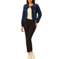 thumbnail image 2 of INSPIRE CHIC Women's Button Down Collarless Long Sleeve Cropped Denim Jacket Deep Blue XS, 2 of 6