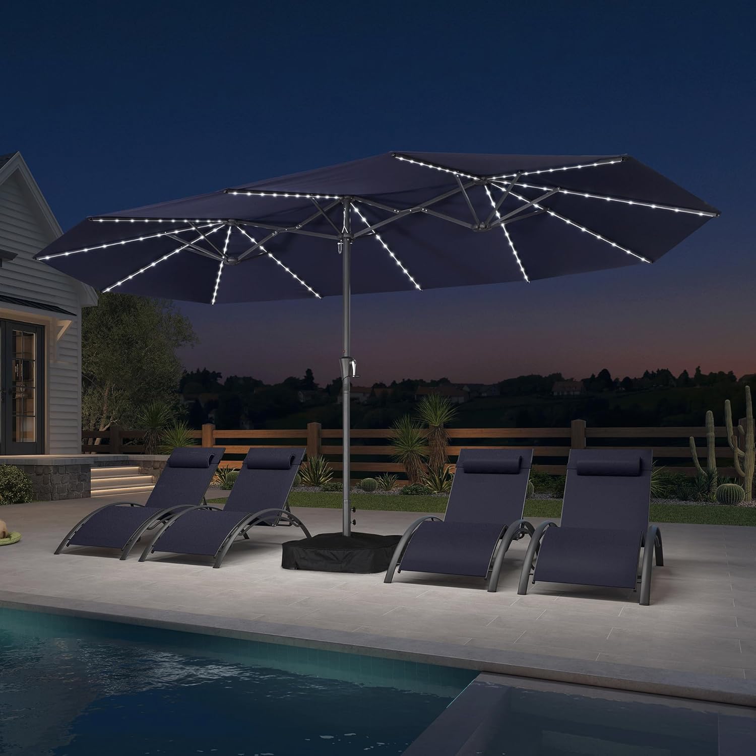 PURPLE LEAF 15ft Double-Side Patio Umbrella with Base and Solar Lights Outdoor Market Table Umbrella with Crank Handle Rectangle Umbrella for Backyard Garden Pool Deck, Navy blue