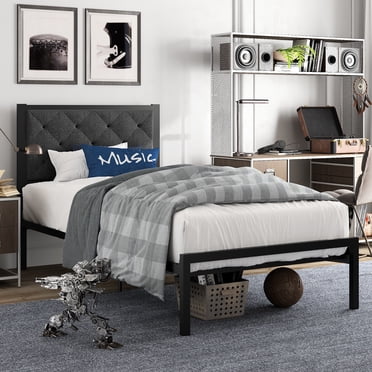 Amolife Cadre de Lit en Métal Format Simple avec Tête de Lit Rembourrée, Gris Foncé