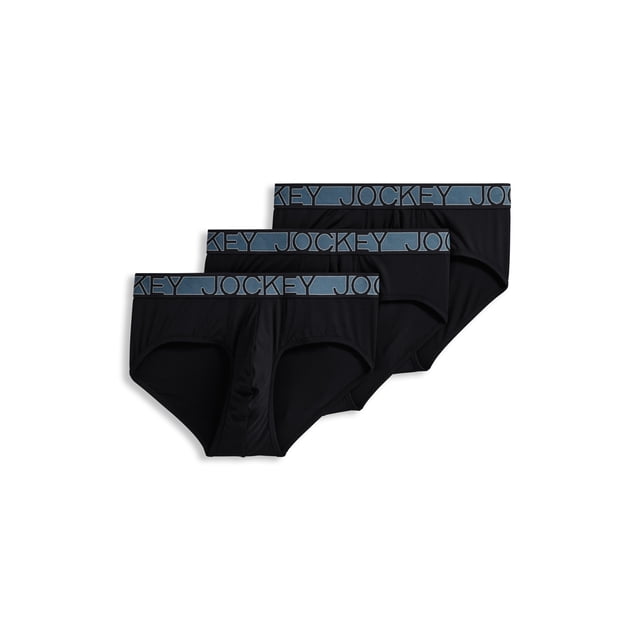 Jockey Slip Actif en Microfibre pour Homme - Lot de 3 Offrant une Taille Mi-Haute, une Couvrance Modérée, en Noir avec une Ceinture de Marque Jockey Bleue. Fabriqué avec 90 % de polyester Recyclé, Ces Caleçons Offrent une Évacuation de l'Humidité, un Tissu Anti-Odeur et une Technologie Staycool+ pour le Confort et la Sécheresse. Conception Sans Braguette pour une Coupe Épurée.