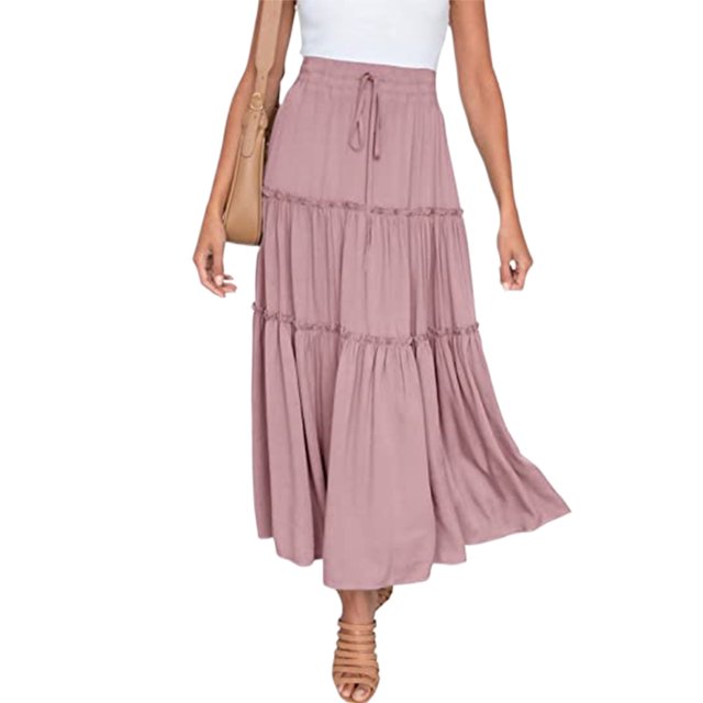 LUXUR Jupes pour Femmes Jupe Midi Évasée Rose, Taille TG. Cette Jupe Taille Haute et Fluide Présente un design à Volants et à Étages avec une Taille Élastique et un Cordon de Serrage. Fabriquée en polyester Léger, Elle Offre une Coupe Confortable et Convient aux Tenues Décontractées, de Fête Ou de Vacances. Dotée d'Un Haut Blanc et de Sandales.