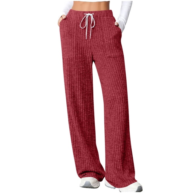 fatyb Womens Casual Ribbed Knit Pants Wide Leg Lounge Pants with Pockets Drawstring Loose Comfy Trousers