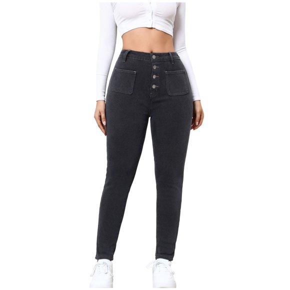 HaiMao Women's Fleece Lined Jeans Clearance Winter thermal Denim Jeggings Skinny High Waisted Stretch Warm Leggings Black 2(XS)
