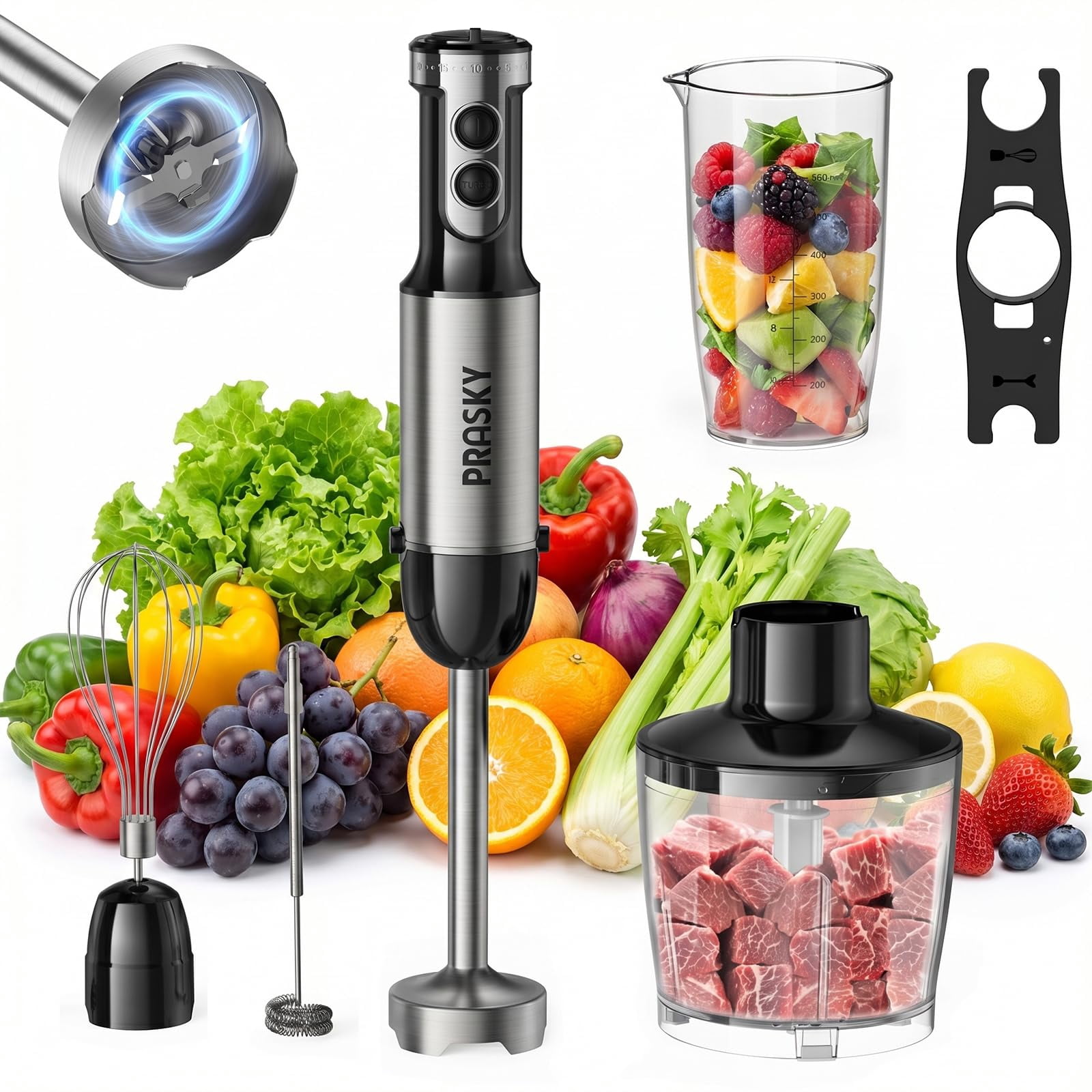 Immersion Blender Handheld 1200W, 20-speeds Immersion Hand Blenders, Hand Mixer with Mining Beaker,Chopper,Whisk, Frother and Stick Blender Suitable for Kitchen, Protein