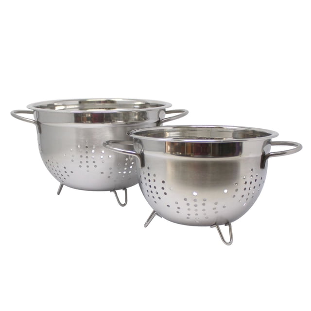 Mainstays 2pk Stainless Steel colander set with two round stainless steel strainers featuring perforated sides and bottoms for efficient draining, equipped with two welded D-shaped handles and three feet for stability, ideal for rinsing pasta, vegetables, and fruits in the kitchen.