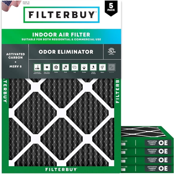 Filterbuy 16x20x1 Air Filter MERV 8 Odor Eliminator, HVAC AC Furnace Air Filters Replacement (5-Pack)