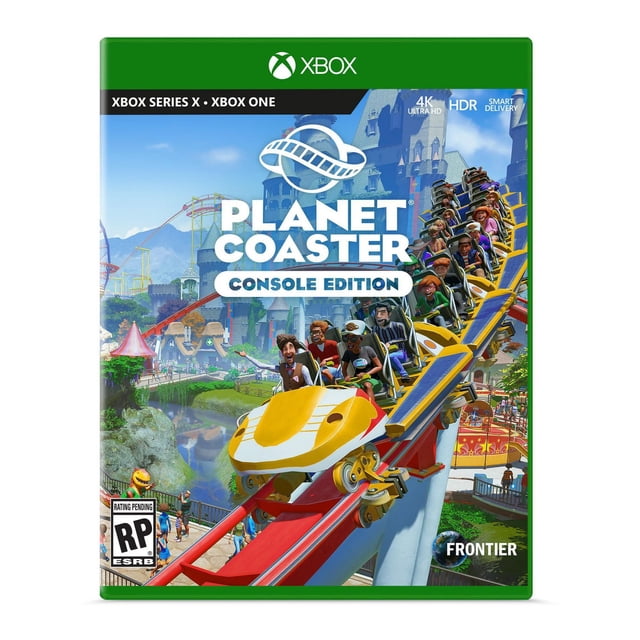 Édition Console Planet Coaster Xbox Series X et Xbox One, Couverture de Jeu Montrant une Voiture à Montagnes Russes Jaune et Blanche Ascendant une Piste Rouge avec des Cavaliers dans un Parc d'attractions Détaillé Présentant des Bâtiments Semblables à un Château et Diverses Attractions.