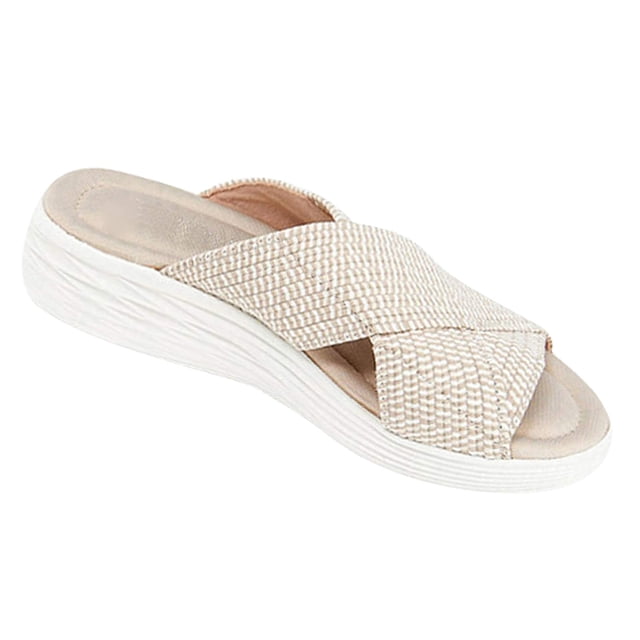 Mikilon Women Stretch Cross Slide Sandals Summer Beach Wedge Platform Slippers Shoes