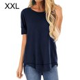 thumbnail image 1 of stanreset Women T-shirt Solid Color Stitching Top Asymmetrical Hem Blouse, Navy Blue, XXL, 1 of 6