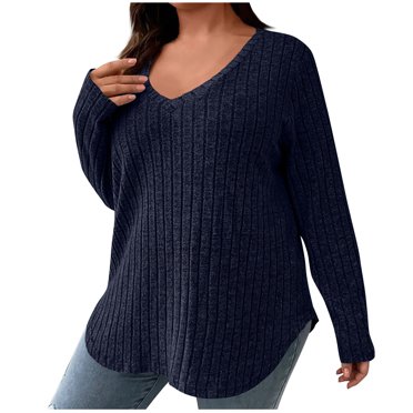 Timegard Chandails pour Femmes Grande Taille à Côtes à Col en V à Manches Longues en Tricot Chandail Ample Décontracté Chaud