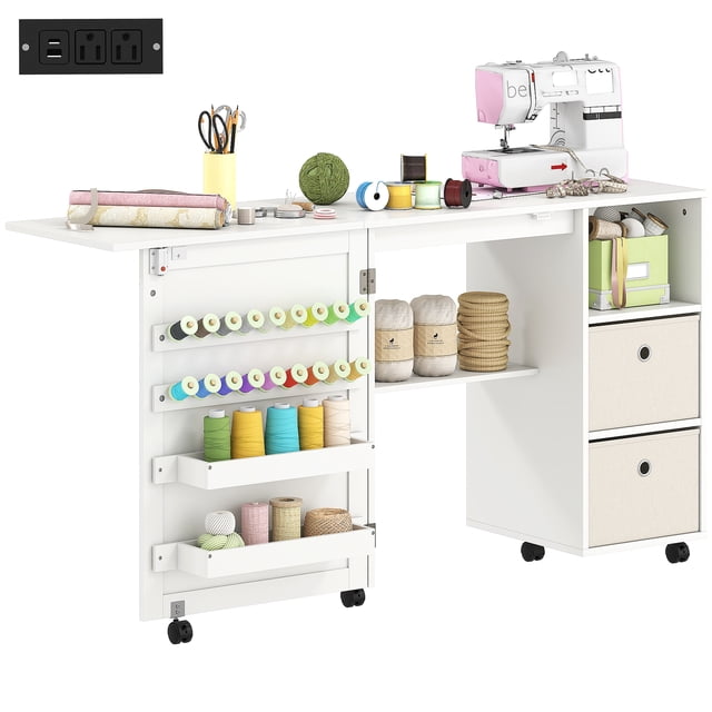 HOMCOM Table de Couture Pliante avec Prise de Courant, Table d'Artisanat Roulante, Blanc