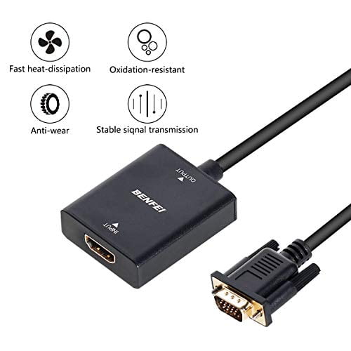 HDMI to VGA BENFEI HDMI to VGA Adapter (Female to Male) with 3.5mm Audio Jack in black. Features a gold-plated HDMI connector for corrosion resistance and stable signal transmission. Compatible with TV sticks, computers, laptops, monitors, projectors, Raspberry Pi, Roku, Xbox, and more. Supports resolutions up to 1920x1080 at 60Hz. Includes molded strain relief for durability and advanced IC chip for converting HDMI digital signals to VGA analog signals. Not bidirectional.