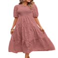 thumbnail image 2 of EIMELI Femmes Été Soufflé Manches Robe Smocked Floral en Vrac Fluide Robe Haute Taille Dentelle Floral Étagé Midi Robe Bleu Ciel XL, 2 of 4