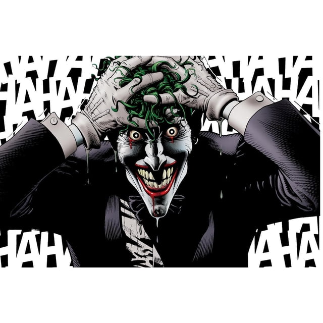 DC Comics - The Joker - Affiche Murale Folle, 22,375 Pouces x 34 Pouces Représente un Joker Orienté vers l'Avant Saisissant Ses Cheveux Verts avec des Gants Blancs. Son Visage Pâle Montre des Yeux Larges avec des Larmes Rouges, un Grand Sourire avec des Dents Jaunes Tranchantes, et des Lèvres Rouges. Il Porte un Complet Violet Foncé et un Nœud Papillon, sur un Fond Blanc avec un Texte Noir « HA » Répété. Cette Affiche Murale Encadrée Est Idéale pour Ajouter un style de Bande Dessinée
