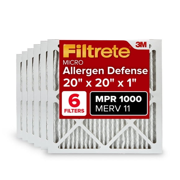 Filtrete 20x20x1 AC Furnace Air Filter, MERV 11, MPR 1000, Micro Allergen Defense, 3-Month Pleated 1-Inch Electrostatic Air Cleaning Filter, 6 Pack (Actual Size 19.6