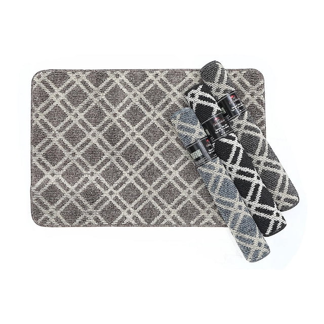 IH Casa Decor Diamond Tufted Floor Mat Asstd 3' X 4' - Set of 4 showing a rectangular yarn floor mat with a diamond tufted design in neutral shades, alongside three rolled mats in assorted colors including grey, black, and blue, ideal for indoor doormats with dust-absorbing properties to keep living spaces clean and stylish.