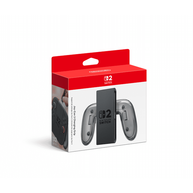 Joy-Con™ 2 Charging Grip packaging showing a transparent charging grip accessory for Nintendo Switch™ 2 controllers with a black central section displaying the Nintendo Switch 2 logo, designed as a classic-style controller and charging station with included USB cable.