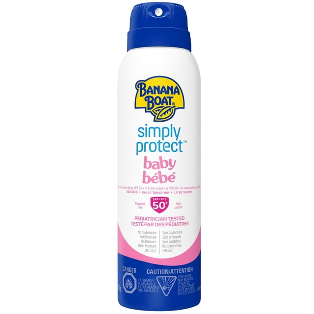 Banana Boat® Simply Protect™ Baby Sunscreen Spray SPF 50+ in a white bottle with a blue spray cap, featuring a mineral-enriched, tear-free formula with naturally derived zinc, pediatrician tested for delicate skin, broad spectrum UVA/UVB protection, fragrance-free and water resistant for up to 80 minutes.