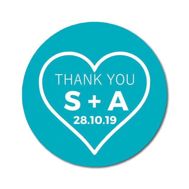 Darling Souvenir Round 45 Pieces Heart Thank You Stickers Personalized Bride Groom Initials And Date Envelope Seals-Turquoise Blue