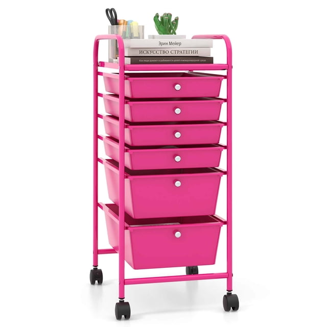 Costway 6 Drawer Rolling Storage Cart Scrapbook Paper Office Organizer in hot pink. The cart features a sturdy metal frame with six removable drawers, including two large and four small drawers, all in matching hot pink. A top mesh shelf provides additional storage space. Equipped with four 360° swivel wheels, two of which are lockable, for easy mobility and stability. Ideal for organizing art supplies, office tools, or household items in various settings such as homes, offices, or classrooms.