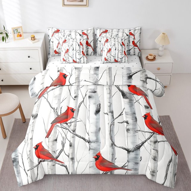 Erosebridal Cardinal Bird Bedding Sets King Size, Botanical Birch Comforter Sets with Sheets, Animal Theme Decor