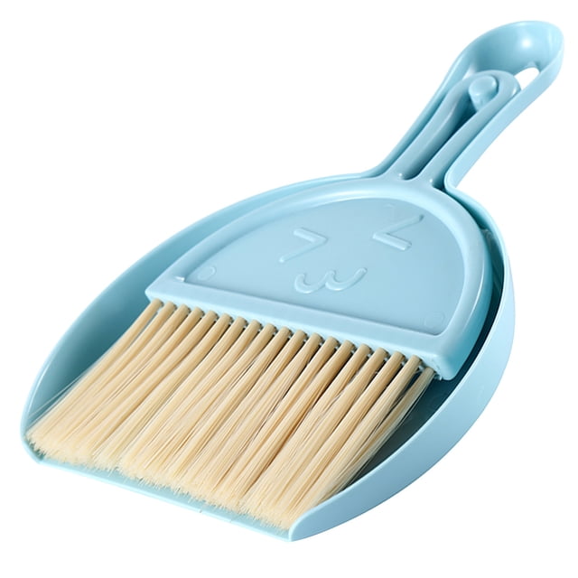 EGNMCR Mop Broom Broom and Dust Pan Mini Desk Brush Keyboard Cleaning Brush set with a compact blue plastic dustpan featuring a smiling face design and beige high-elasticity wire bristles. Suitable for sweeping desks, cleaning keyboards, and dusting small spaces.