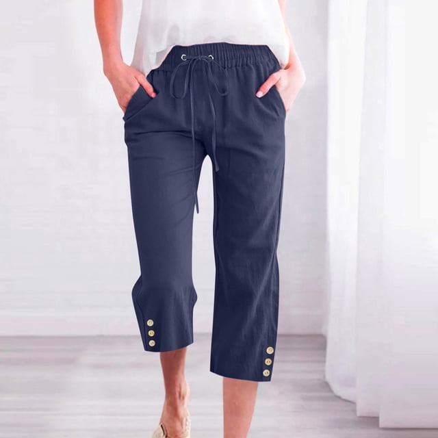 Jsaierl Women Linen Pants Drawstring High Waist Wide Leg Pants Plus Size Lightweight Solid Color Capris Vacation Comforts Summer Capri Pants
