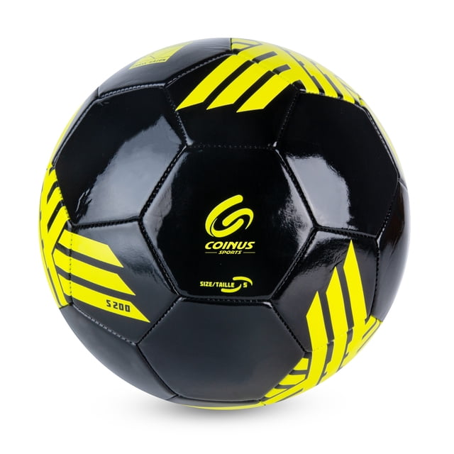 Coinus Ballons de Soccer Taille 5 Noirs avec accents Géométriques Jaunes et Fini Lustré, Cousus à la Machine pour la Durabilité, Ballon Taille 5 Officiel Conçu pour les Débutants pour s'Exercer au Dribble, aux Passes et au Tir.