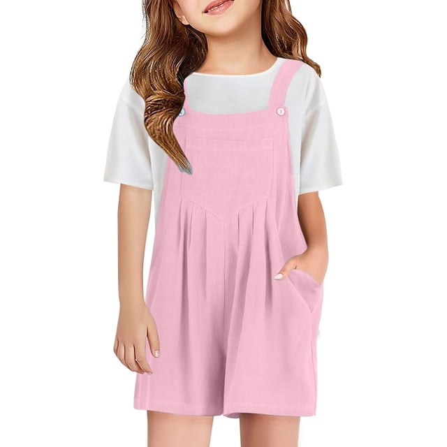 Wdgfv Girls Overall Shorts Kids Summer Casual Adjustable Strap Rompers Pink 8-10 Years