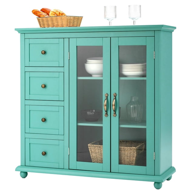Giantex Sideboard Buffet Cabinet in green featuring 4 drawers and dual-open glass doors with 3-tier shelves. The cabinet is made of wood and MDF, with round feet and curved knobs for a modern accent style. The glass doors display tableware, while the drawers and shelves provide ample storage for kitchen or dining essentials. Dimensions are 36 inches wide, 12 inches deep, and 36.5 inches tall.